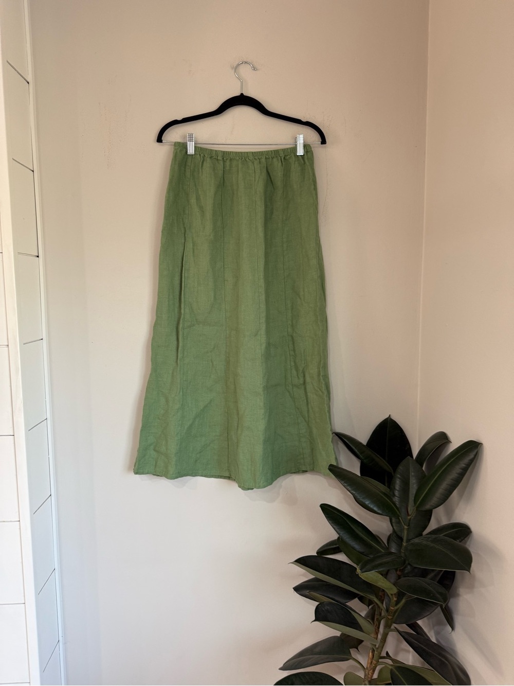 FLAX 100% Linen Green Midi Skirt Size Small Elastic Waist Minimalist - Picture 3 of 5